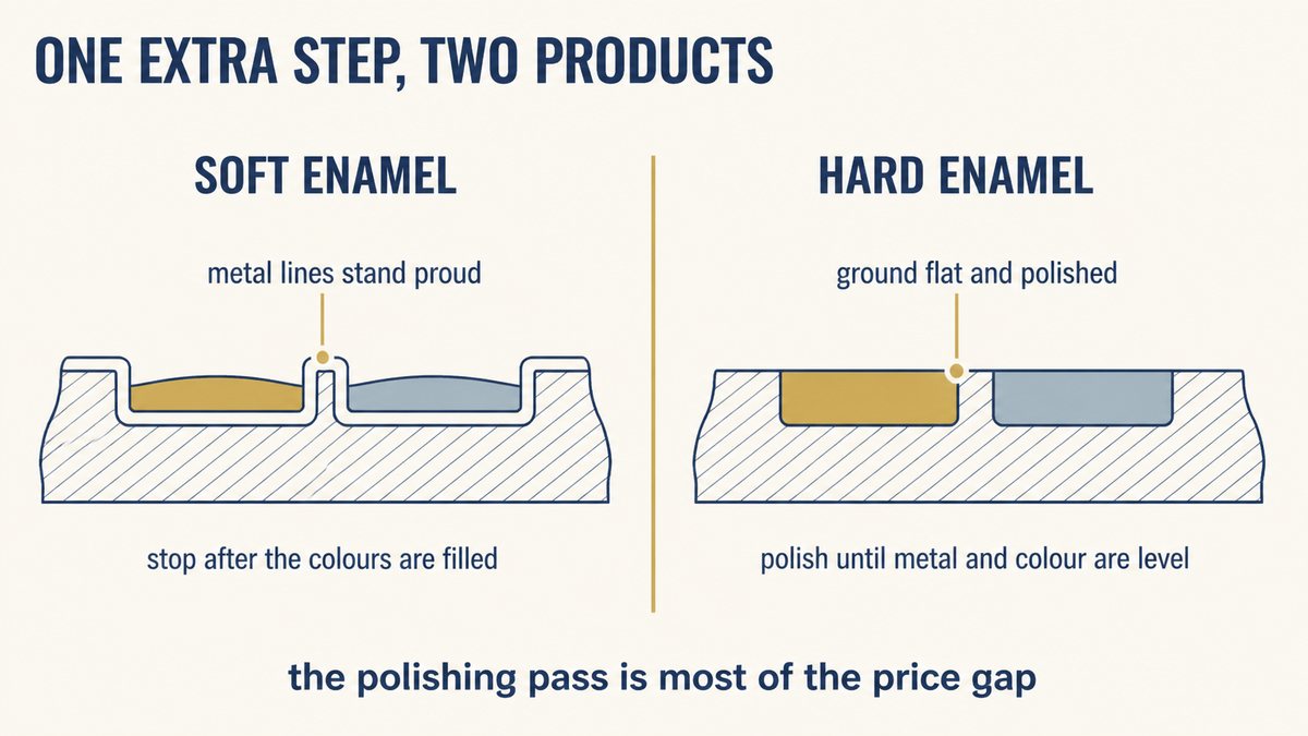 Hard and soft enamel pins compared in cross-section showing flush polished surface against recessed colour and proud metal lines