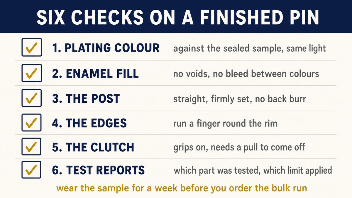 Enamel pin and keychain inspection checklist: plating colour, enamel fill, post and clutch, print registration and attachment pull