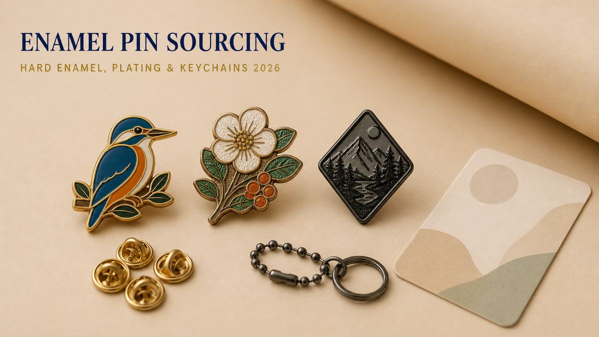 Enamel pin manufacturer sourcing guide covering hard and soft enamel, plating options, attachments and keychains