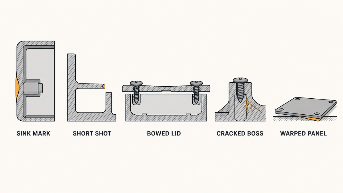 Five plastic enclosure failure modes shown in section: sink marks opposite a heavy boss, a short shot at a thin rib, a bowed lid with a gasket that leaks between fixings, stress cracks around a screw boss and a warped panel
