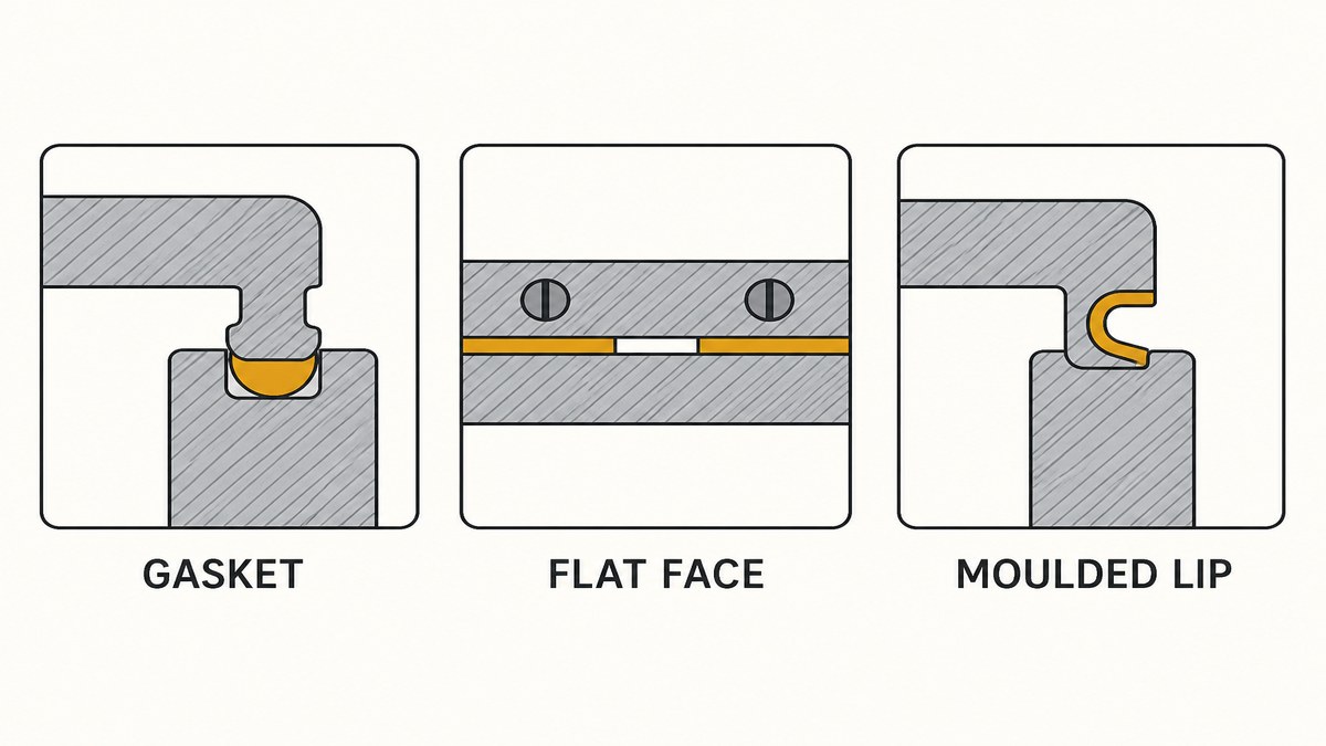 Three enclosure sealing methods shown in section: a moulded tongue and groove with a gasket, a flat gasket face with perimeter screws and a moulded lip or labyrinth joint with no separate gasket