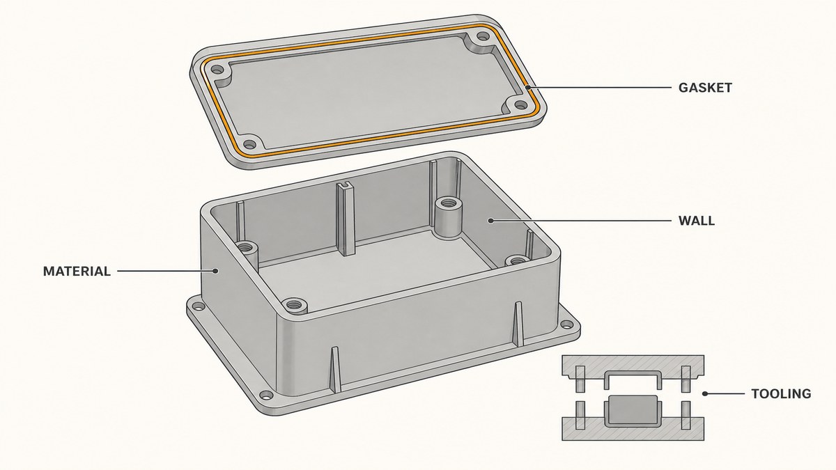 A plastic enclosure broken out into the four things that specify it: the material, the wall and internal structure, the joint and gasket, and the tool