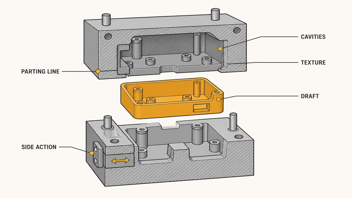 The five decisions that set enclosure tool cost, drawn as a single part: the parting line on a corner, the cavity layout, a side action slide, the cavity texture and the draft on the walls