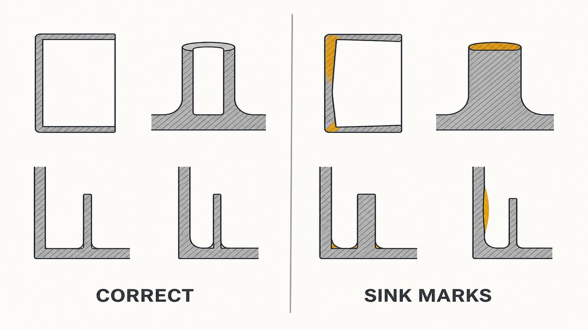 A plastic enclosure panel in section showing an even wall, a correctly cored screw boss with a blended foot, and ribs of reduced thickness, alongside the sink marks produced by heavy bosses and thick ribs