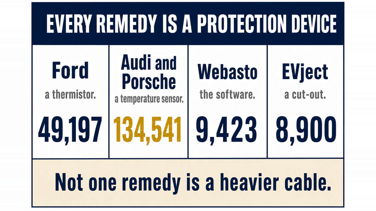 A four column infographic titled Every Remedy Is a Protection Device showing Ford at 49,197 units with a thermistor, Audi and Porsche together at 134,541 with a temperature sensor, Webasto at 9,423 with corrected software, and EVject at 8,900 with a thermal cut-out