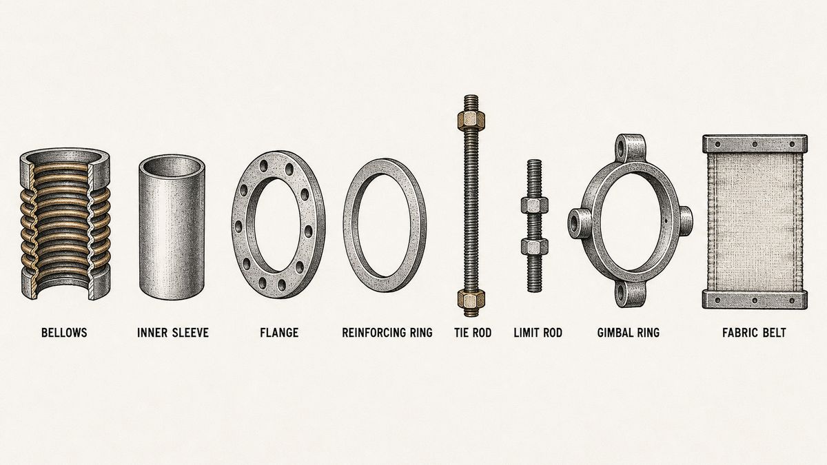 Eight expansion joint components drawn in a single row as a hand-drawn pen-and-ink engineering plate, each an isolated object with a label underneath: a short length of stainless steel bellows in cut section along its axis with its stacked ring-like convolutions visible; a smooth plain steel inner sleeve tube; a loose round flange with evenly spaced bolt holes; a flat reinforcing ring; a long threaded tie rod with a nut at each end; a shorter threaded limit rod with two lock nuts; a heavy gimbal ring with two pairs of pivot bosses set at right angles; and a rectangular sewn fabric belt with a metal frame bar at each end