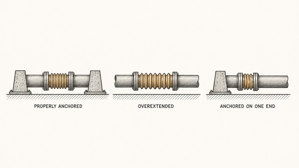 Three pipe runs each fitted with an expansion joint, stacked one above the other as a hand-drawn pen-and-ink engineering plate, each horizontal run with a label underneath: the top run has a heavy anchor block at each far end holding the pipe down to a hatched ground line and a split pipe guide collar at each side of the joint with the joint centred and undistorted; the middle run has no anchors at all so the bellows is stretched and pulled out of shape with the two pipe ends drawn too far apart; and the bottom run has an anchor at one end only so the whole run has slid along, the guide collars jammed hard against the joint and the bellows squashed and buckled sideways