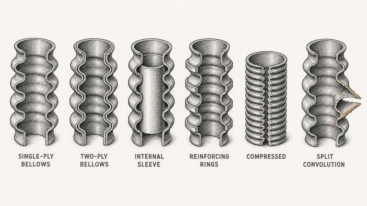 Six metal bellows details drawn in a single row as a hand-drawn pen-and-ink engineering plate, each a cut section along the bellows axis with a label underneath: a single-ply bellows with one thin wall thickness; a two-ply bellows with two distinct layers visible in every convolution; a bellows with a plain smooth inner sleeve tube running through its inside; a bellows carrying flat reinforcing rings fitted into every second convolution; a bellows with the whole stack squashed tight together so the convolutions are closed up against each other; and a bellows with a single convolution split open along one side, the thin wall torn and the opening flared outward with a bright fresh fracture edge