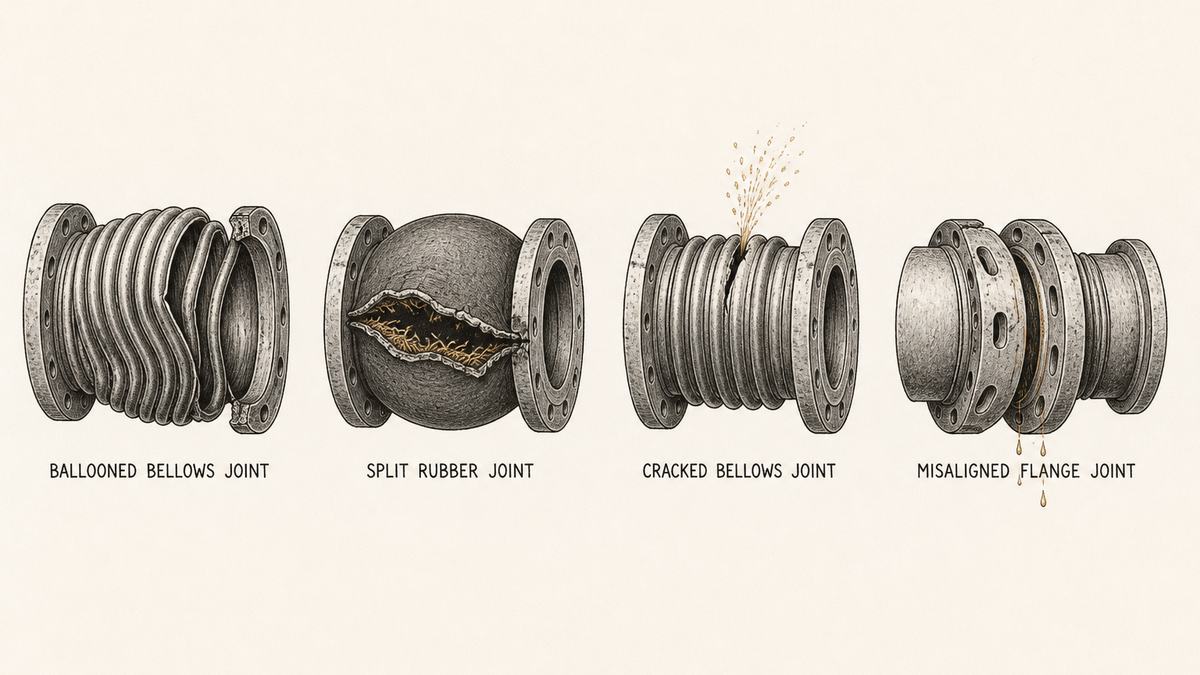 Four failed expansion joints drawn in a single row as a hand-drawn pen-and-ink engineering plate, each an isolated object with a label underneath: a metal bellows joint whose whole body has ballooned out of shape with the convolutions opened far wider on one side so the bellows bulges unevenly and is permanently distorted; a rubber expansion joint whose bulging rubber sphere has split open in a long ragged crack round its middle with the torn edges of the rubber lifted and curled back and fine fibre showing in the break; a metal bellows joint with a single convolution cracked clean through on its outer crown and a fine spray of droplets escaping from the crack; and a metal bellows joint whose flange face has been pulled out of line with its mating pipe flange so a wedge-shaped gap has opened up, with liquid weeping out and the bolt holes visibly slotted and worn oval