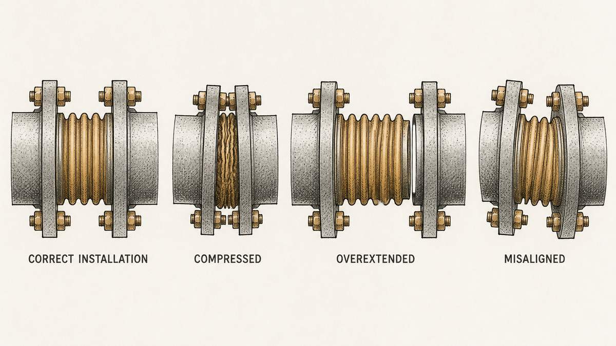 Four expansion joint installation details drawn in a single row as a hand-drawn pen-and-ink engineering plate, each with a label underneath: two flanged pipe ends with a joint bolted between them at the right installed length, the joint body relaxed and undistorted; the same joint squeezed in with its flanges forced too close together so the bellows is visibly compressed and its convolutions crushed against one another; the same joint pulled apart with its flanges too far apart so the bellows is stretched and the inner sleeve has slid out of engagement at one end; and a joint whose flange bolt holes do not line up with the pipe flange holes, one bolt forced in at an angle through mismatched holes and the bellows body twisted out of line