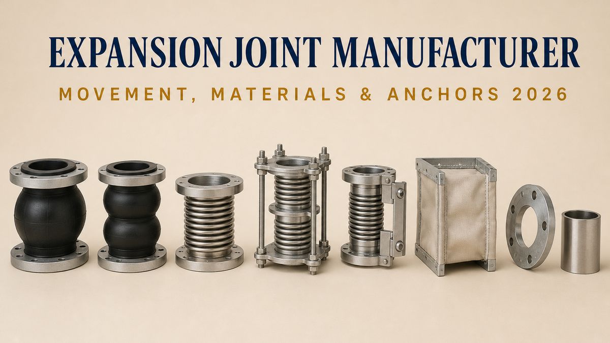 Expansion joint cover: a single-sphere rubber expansion joint with two flanged ends and one bulging moulded body, a twin-sphere rubber joint with two bulges, a short stainless steel bellows joint with its stacked convolutions between two plain flanges, a tied universal metal joint with two bellows and long threaded tie rods, a hinged metal joint with two flat hinge plates and a pin, a rectangular sewn fabric duct joint with a metal frame at each end, a loose round flange with its bolt holes, and a short smooth steel inner sleeve, arranged in one row on a warm beige studio surface
