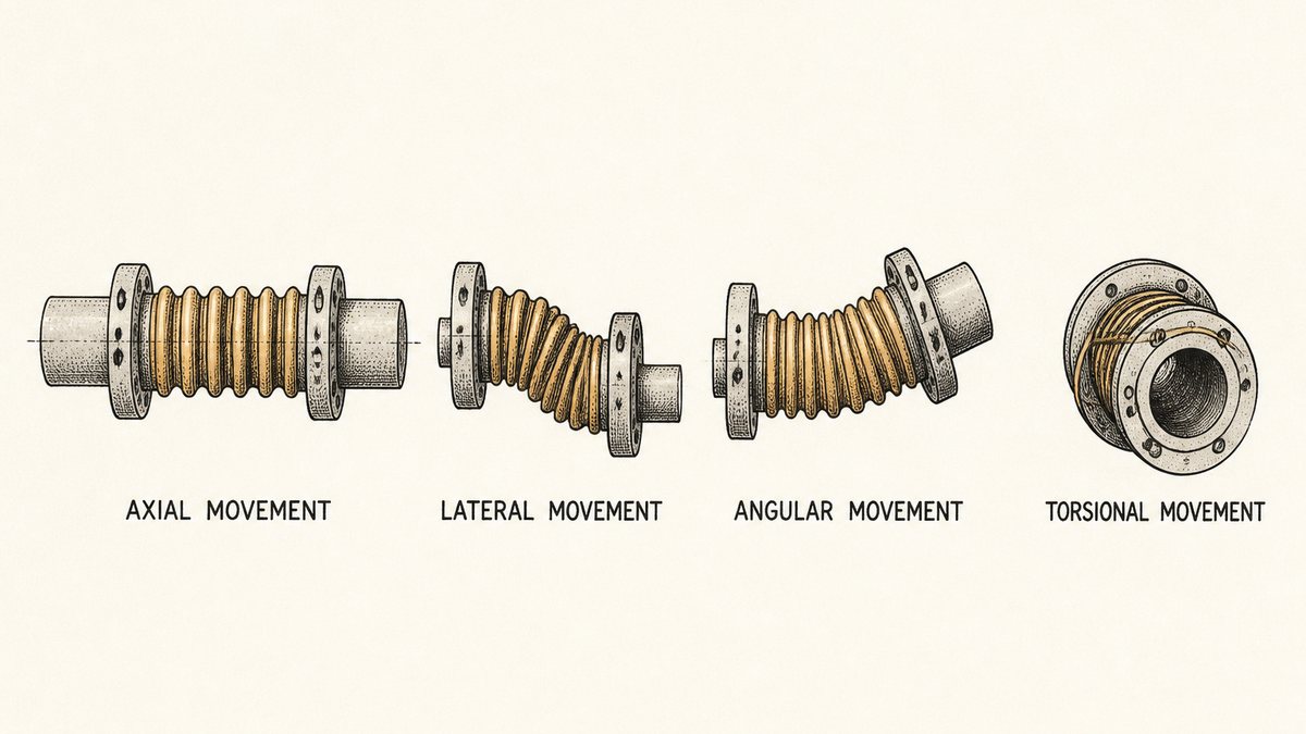 Four kinds of pipe movement each shown on its own short length of flanged expansion joint drawn in a single row as a hand-drawn pen-and-ink engineering plate, each with a label underneath: axial movement, with the assembly stretched longer along its own axis and the convolutions opened out; lateral movement, with the two pipe stubs offset sideways while both remain parallel and the bellows bent into a shallow S; angular movement, with one pipe stub tilted so the flanges are no longer parallel and the bellows is bent like an elbow; and torsional movement, seen end on with a curved twist mark along the bellows body showing it rotated about its own axis