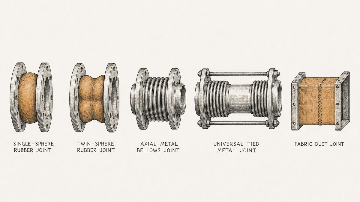 Five types of expansion joint drawn in a single row as a hand-drawn pen-and-ink engineering plate, each seen from the side with a label underneath: a single-sphere rubber joint with two flanged ends and one bulging moulded rubber body between them; a twin-sphere rubber joint with two bulges in its body; an axial metal bellows joint with a short stack of convolutions between two flanges and a smooth inner sleeve through it; a universal tied metal joint with two separate bellows stacks joined by a centre pipe and two long tie rods running the full length between the end flanges; and a fabric duct joint drawn as a rectangular sewn cloth belt with a rectangular metal frame at each end and a row of stitching along its length