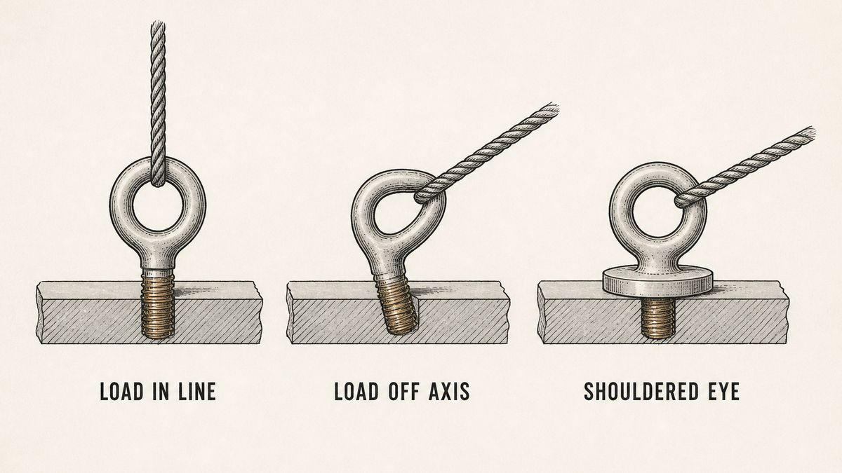 Three eye bolts drawn screwed into a section of steel plate, each with a length of wire rope through the eye showing the pull direction: a plain eye bolt drawn upright with the rope running straight up in line with the shank, the same plain eye bolt with the rope running out at a clear sideways angle and the eye visibly stretched out of round with the shank bent over, and a machinery eye bolt with a wide flat shoulder collar seated square against the plate and its eye undistorted while the rope runs out at a slight angle