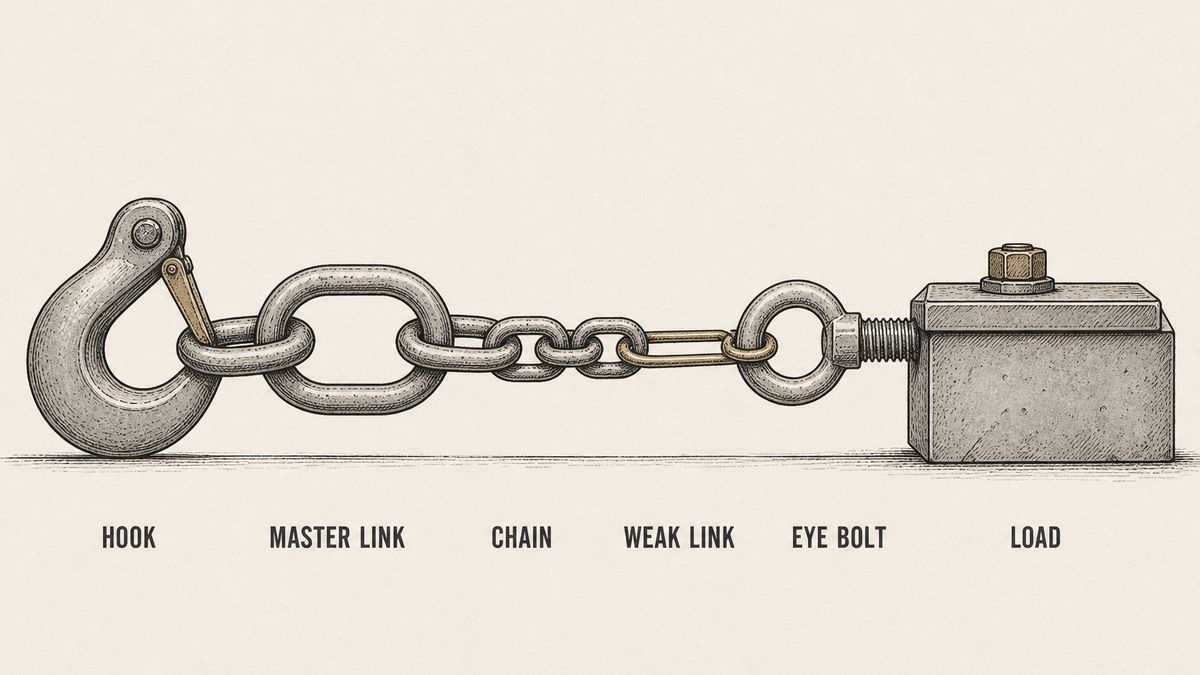 A lifting assembly drawn as one connected chain of parts running left to right: a heavy crane hook, a forged master link hooked through it, a leg of alloy steel chain, one single chain link drawn thinner and visibly smaller in section than the chain beside it, a forged eye bolt linked onto the chain with its threaded shank screwed into a thick steel plate, and a heavy rectangular load block with that plate bolted on top