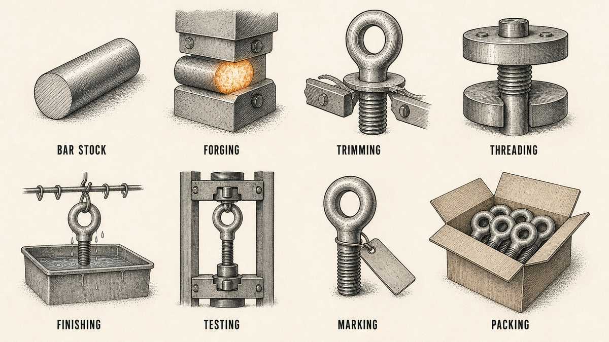 Eight eye bolt cost lines drawn as two rows of four labelled objects: a cut length of round steel bar, a heated bar end closed inside a forging die, a freshly forged eye bolt with flash being sheared off in a trimming tool, a threaded shank being formed between two flat thread-rolling dies, an eye bolt hanging on a rack over a finishing bath with drops running off it, an eye bolt held in a tensile testing machine, an eye bolt with a blank tag tied to its shank, and a bundle of eye bolts nested inside an open carton