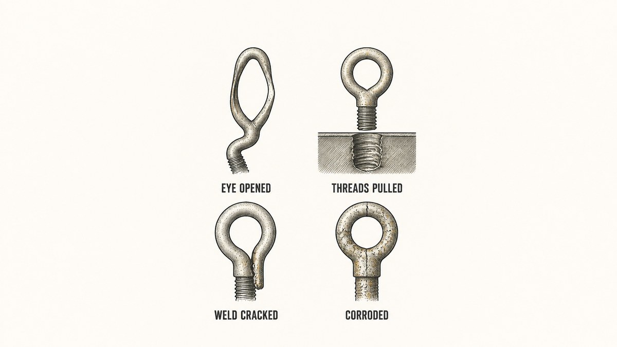 Four failed eye bolts drawn as technical illustrations: one whose loop has been pulled open into a narrow stretched oval with the shank bent over, one whose threaded shank has been pulled out of a steel plate with the threads inside the plate smeared and stripped, one whose bent-rod eye has a jagged crack along the weld seam where the bent end joins the shank, and one whose surface is crusted with patchy corrosion and fine cracks