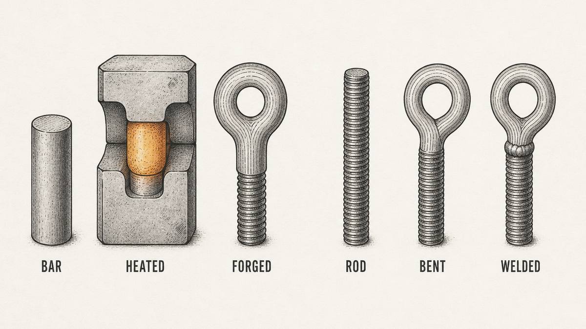 Two three-step forming sequences drawn as technical illustration: on the left a cut round bar, the bar end heated and closed inside a forging die, and the finished eye bolt as one solid piece whose grain-flow lines run in unbroken curves around the eye and into the shank; on the right a straight fully threaded rod, the same rod with its upper end bent over into an eye, and the same part with a raised weld bead where the bent end meets the shank and grain-flow lines stopped at the weld