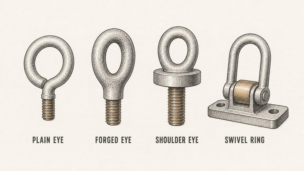 Four lifting eye bolt bodies drawn side by side: one whose loop is formed by bending the round shank over into a closed round eye, one whose head and shank are a single continuous forging with a thick oval eye, one with a wide flat machined shoulder collar under the eye and a long threaded shank, and a swivel hoist ring whose loop pivots on a bushing set into a flat rectangular base plate