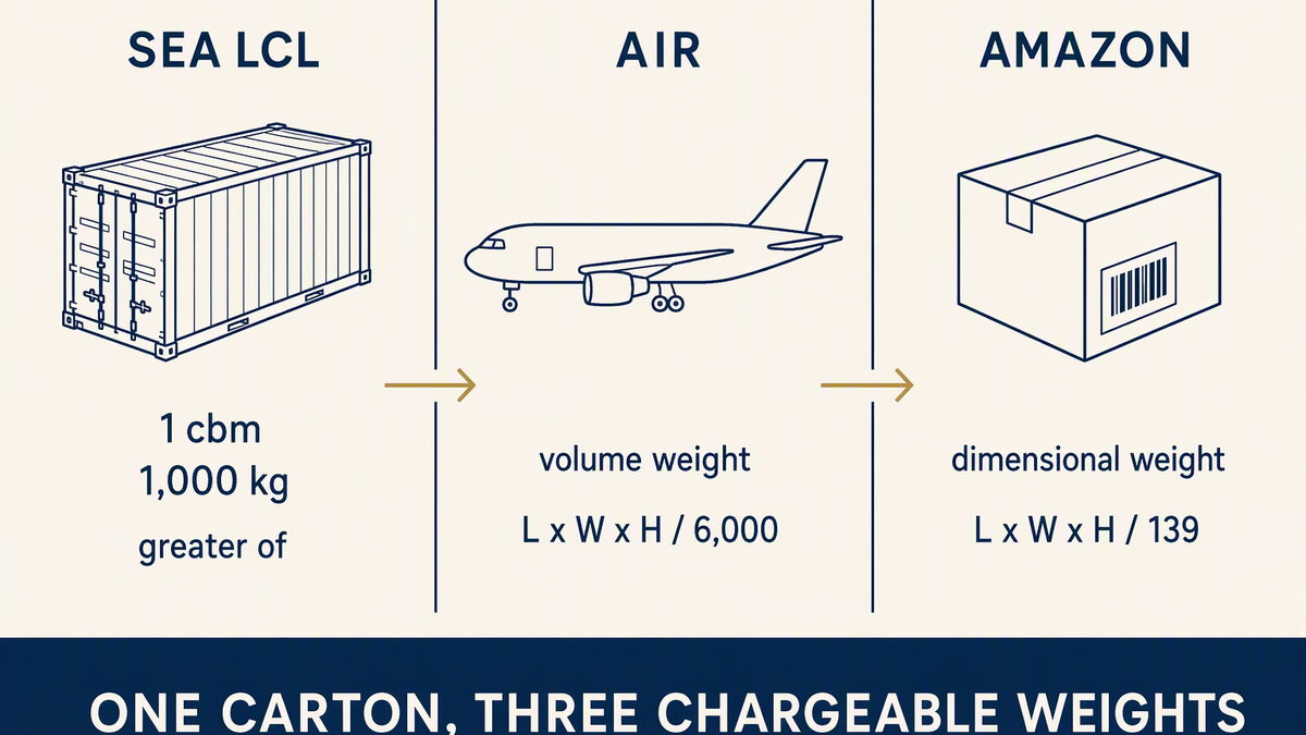 Flat vector diagram with three panels showing the same carton measured three ways: sea revenue ton, air volume weight and Amazon dimensional weight