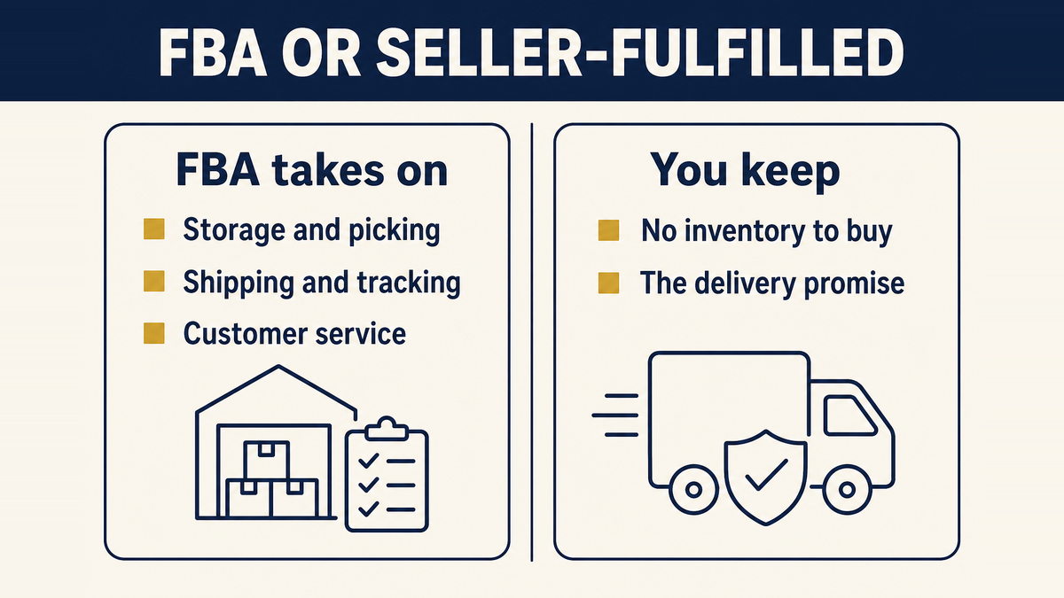 FBA taking on storage, picking, shipping and service while seller-fulfilled keeps the no-inventory advantage and the delivery promise