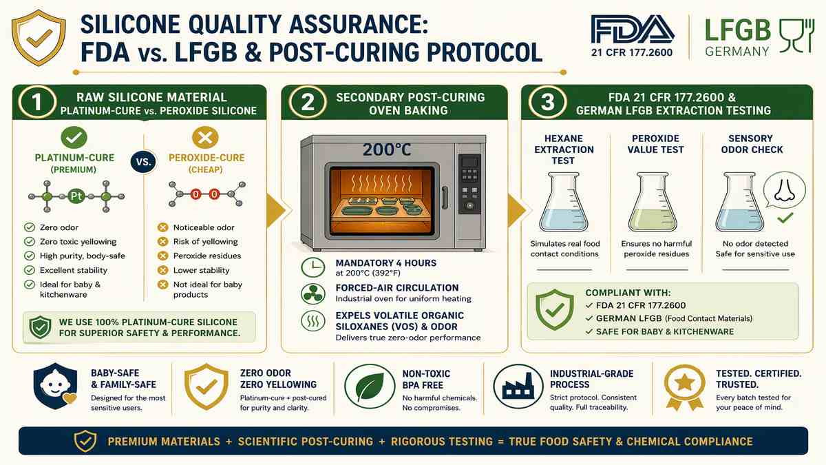 Silicone Quality Assurance FDA vs LFGB and Post-Curing Protocol Infographic