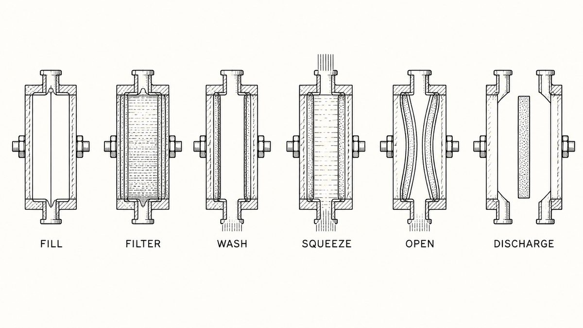 Six cut-away views of the same filter press chamber drawn in a single horizontal row as a hand-drawn pen-and-ink engineering plate, in the order the steps happen, each with a label underneath: the chamber closed and empty; the chamber filling with solid particles caking onto both cloth faces; the chamber with two thin cake layers and clear filtrate leaving through the plate drainage; wash liquid pushed through one cake and out the opposite port; flexible membranes pressed inward squeezing the two cakes together; and the plates parted with the cake dropping out as a solid slab