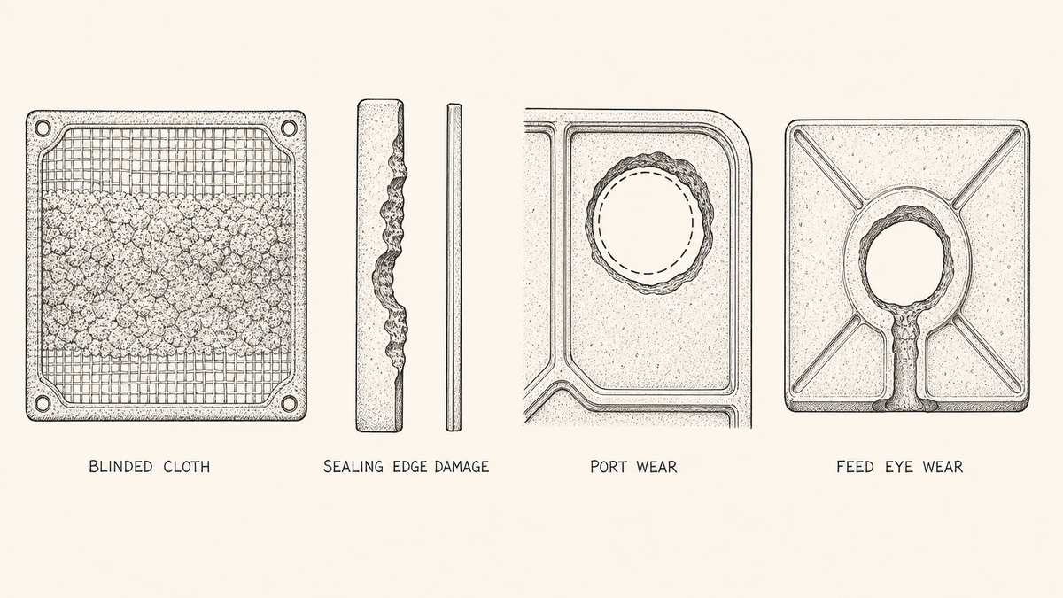 Four damaged filter press components drawn in a single horizontal row as a hand-drawn pen-and-ink engineering plate, each isolated with a label underneath: a filter cloth whose weave is blocked with compacted solid across the middle while the edges stay open; a plate sealing edge shown edge on with the raised rim chewed and a notch cut into it; a plate corner whose round port has worn visibly larger and out of round; and a feed eye worn into an irregular oval with a groove running toward one corner