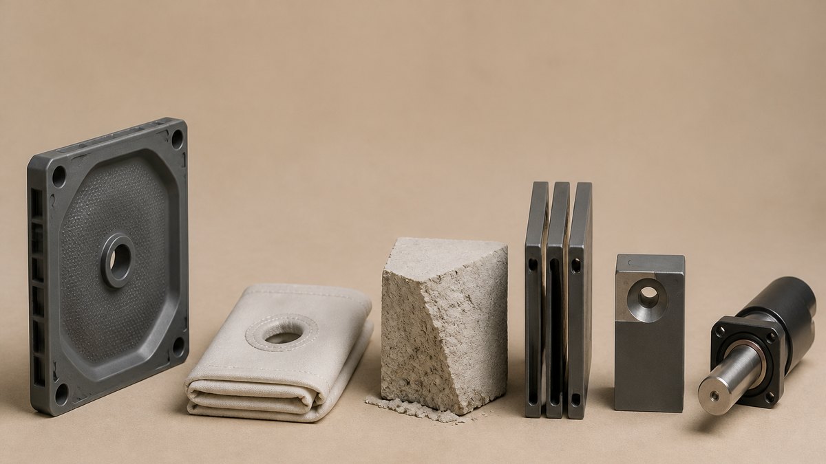Filter press cover image showing a grey recessed chamber filter plate with its dished face and central feed eye, a folded filter cloth, a cube of pale granular filter cake, and a stack of plain frame plates on a warm beige studio surface