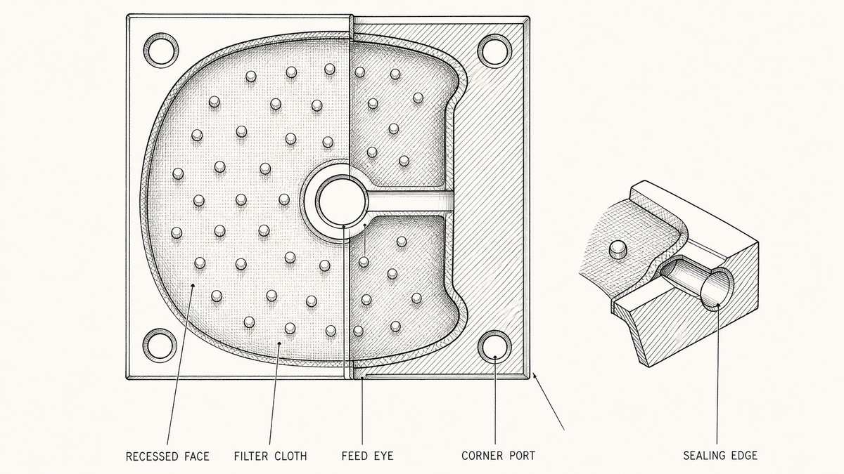 A single recessed chamber filter plate drawn large as a hand-drawn pen-and-ink engineering plate, seen face on with a section through it and plain leader lines from five hand-lettered labels: the dished recessed face, the filter cloth turned in at the edges, the central feed eye, a corner port, and the raised flat sealing rim, with drainage pips shown on the dished face beneath the cloth