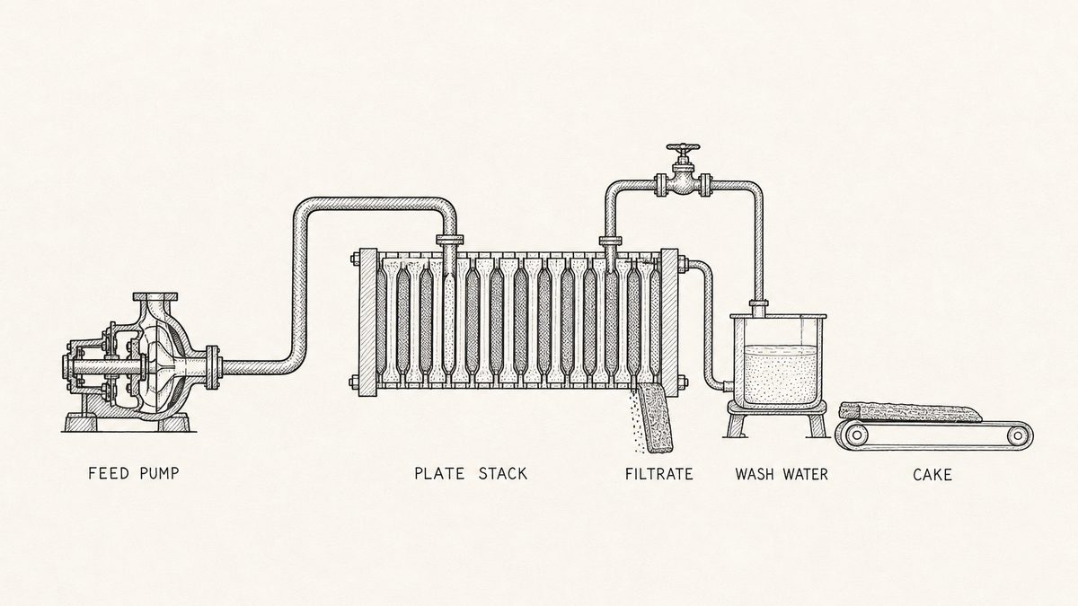 The four streams of a filter press drawn across one frame as a hand-drawn pen-and-ink engineering plate with hand-lettered labels: a feed pump feeding the centre of a cut-away plate stack; filtrate leaving the plate corners into a collection pipe and a small tank; a wash water line entering the top of the stack through its own valued connection; and cake leaving the parted plates as a solid slab onto a short belt