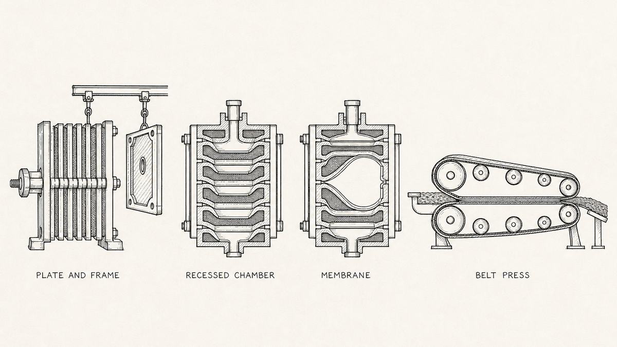 Four filter press designs drawn in a single horizontal row as a hand-drawn pen-and-ink engineering plate, each a cut-away view with a label underneath: a plate and frame press drawn as a stack of flat frames alternating with flat plates; a recessed chamber press drawn as dished plates clamped together forming chambers with feed entering the top centre; a membrane press with one chamber shown inflated so a flexible membrane presses the cake; and a belt press drawn in side view with two belts wrapping rollers