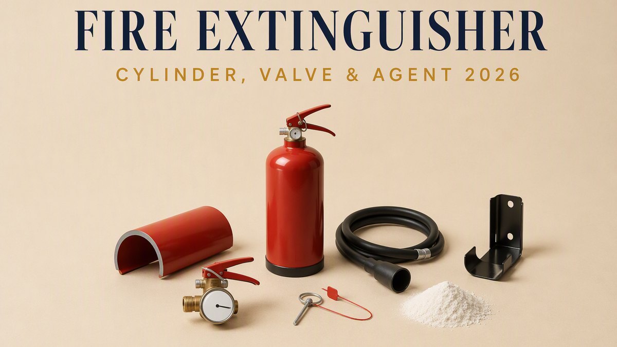Fire extinguisher cover: a complete dry-powder extinguisher standing upright, a cut-away section of cylinder wall lying flat showing the wall thickness, a bare valve assembly with a blank-dial pressure gauge, a coiled discharge hose with horn, a wall bracket, a pull pin with a tamper seal, and a small mound of white powder on a pale beige studio surface