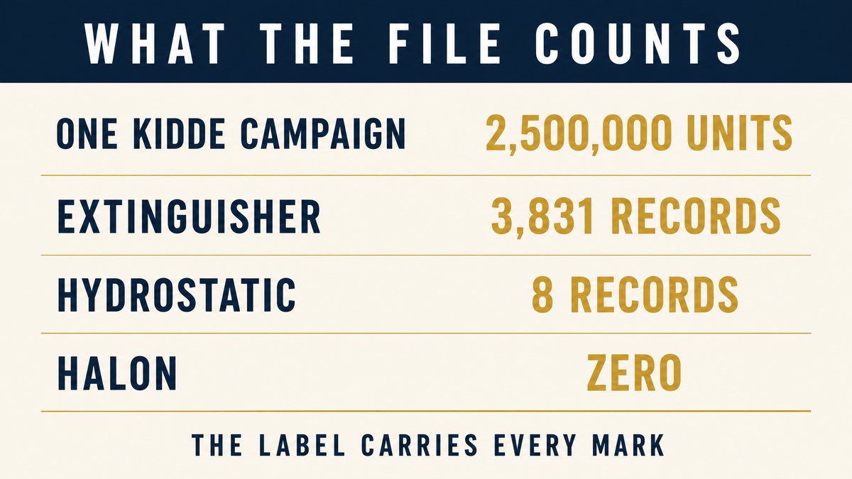 An infographic titled What the File Counts showing one Kidde campaign at two point five million units, extinguisher at three thousand eight hundred thirty one records, hydrostatic at eight records and halon at zero