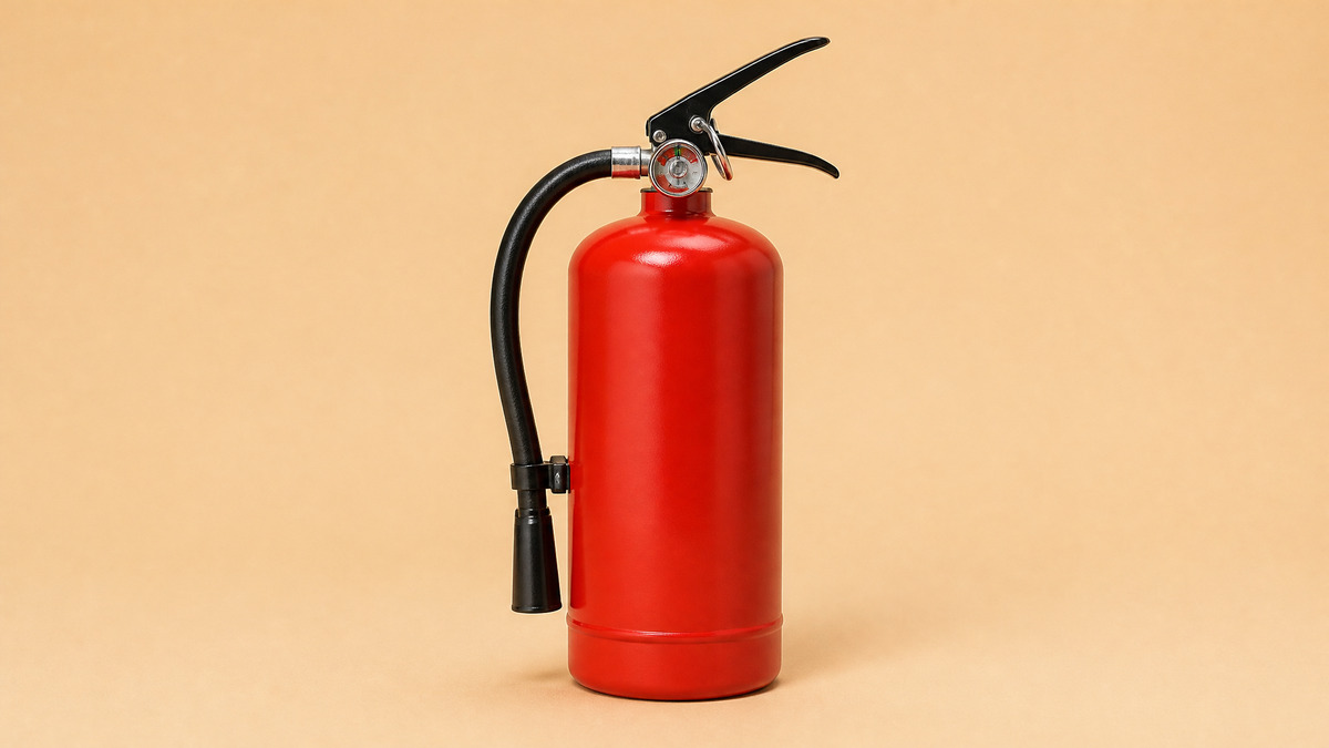 Red portable dry-chemical fire extinguisher with valve, gauge and hose