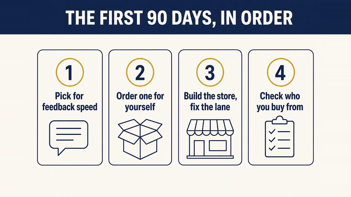 Four steps in order: pick for feedback speed, order a sample, build the store, then decide on the shipping lane before advertising