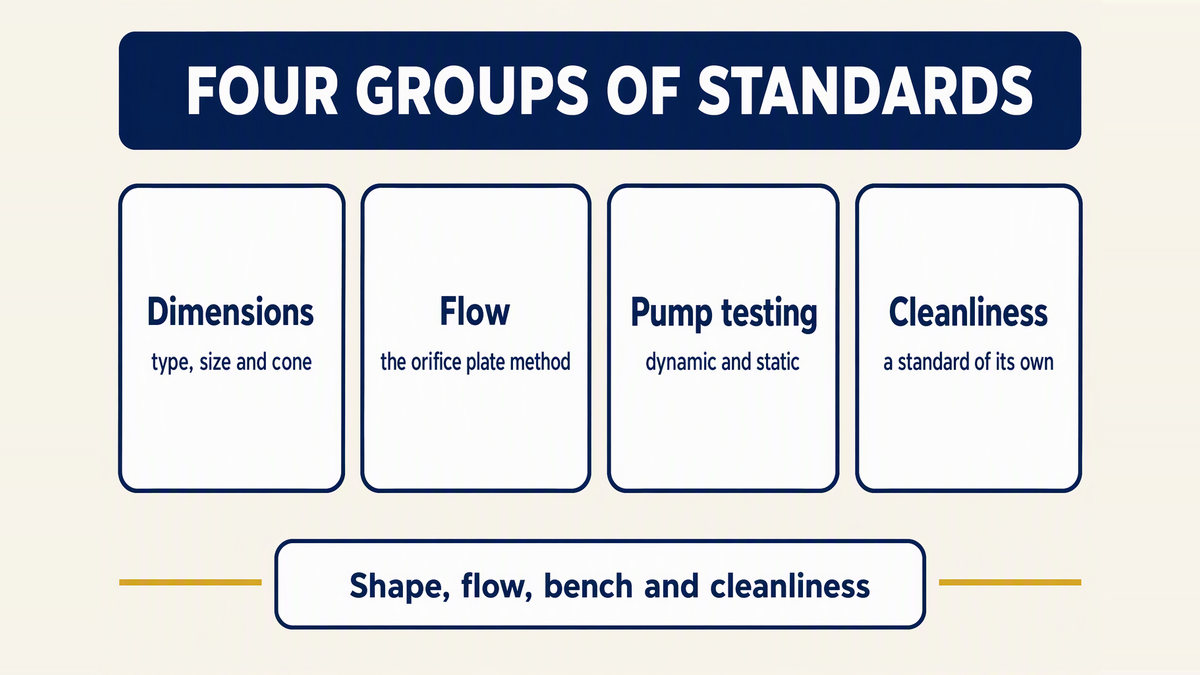 Four groups of international standards covering fuel injection equipment: dimensions for injector types, nozzle sizes and pipe end cones; flow measurement including orifice plate flow measurement; pump testing in dynamic and static conditions; and a cleanliness assessment standard
