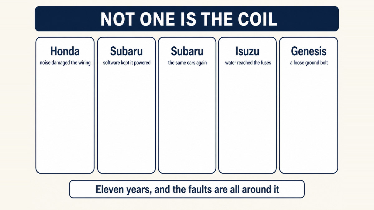 Five federal campaigns naming an ignition coil: wiring damaged by electrical noise at Honda, engine control module software at Subaru twice, a wrongly sized wire seal letting water into a fuse holder at Isuzu, and a loose ground bolt at Genesis
