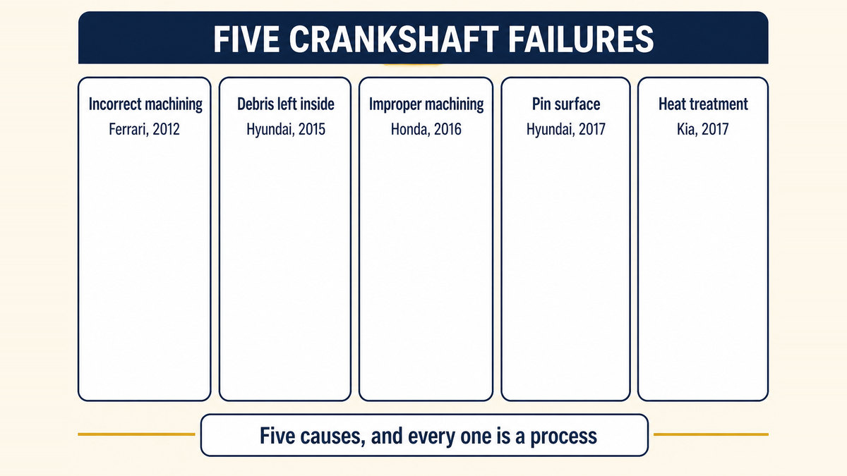 Five campaigns where the crankshaft itself was the failed part: incorrect machining at Ferrari in 2012, debris left in the part at Hyundai in 2015, an improperly machined shaft at Honda in 2016, pin surface irregularities at Hyundai in 2017, and improper heat treatment at Kia in 2017