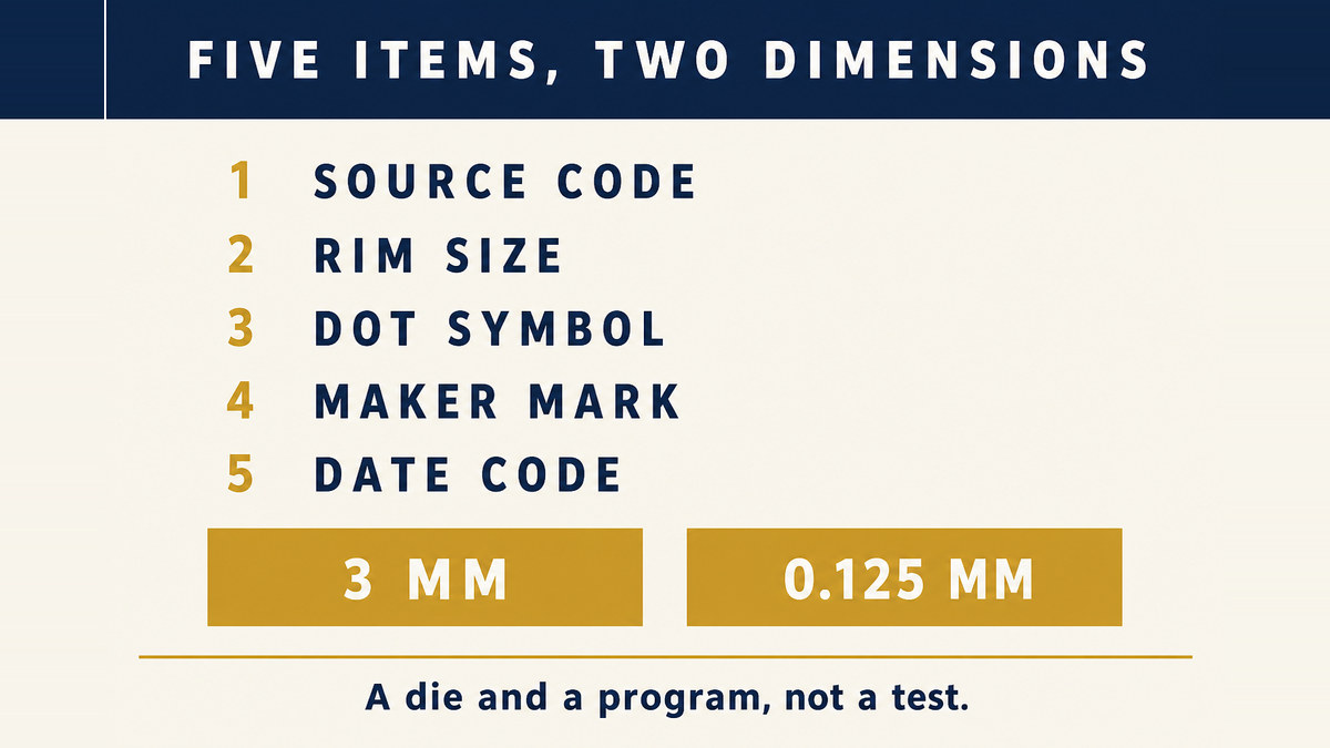 A five row infographic titled Five Items Two Dimensions listing the source code, the rim size, the DOT symbol, the maker mark and the date code, with two gold blocks reading 3 mm high and 0.125 mm deep