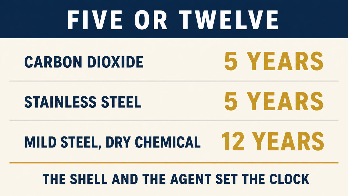 An infographic titled Five or Twelve showing carbon dioxide at five years, stainless steel at five years and mild steel dry chemical at twelve years, above the caption the shell and the agent set the clock