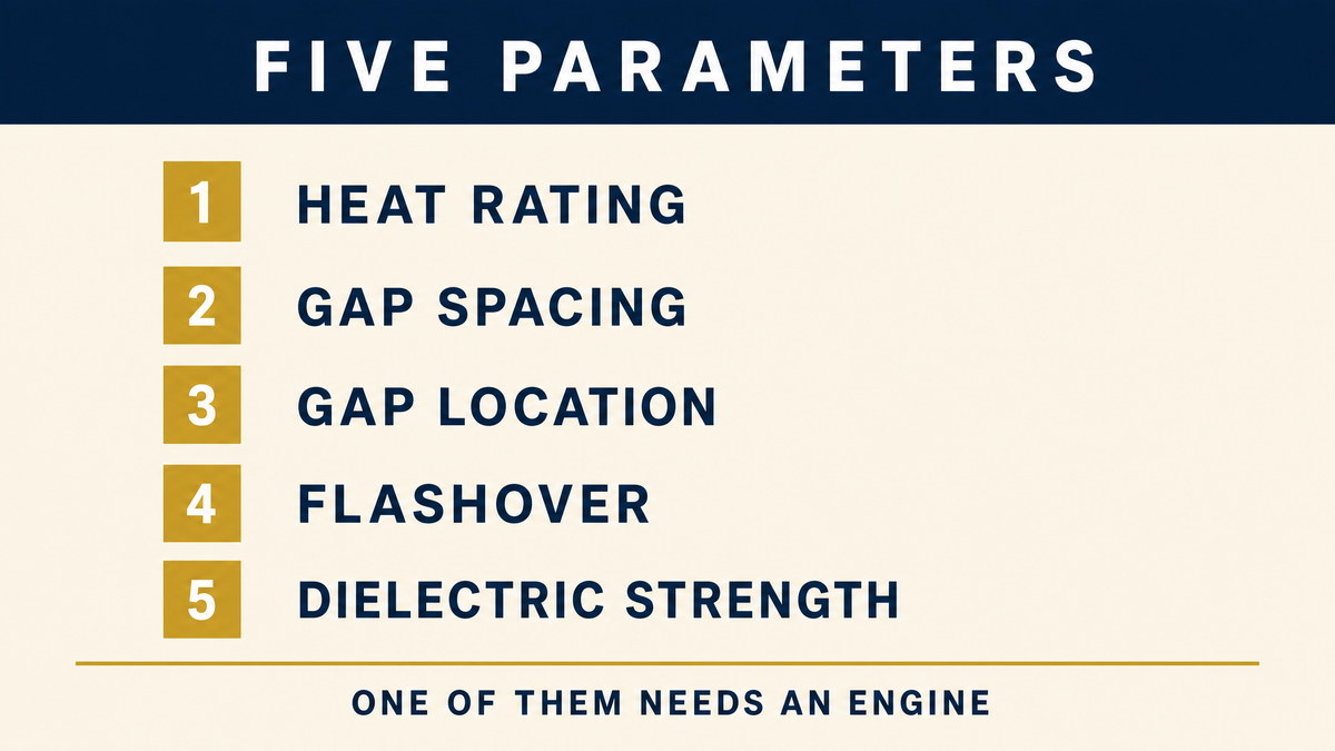 An infographic listing the five emission-critical parameters for a spark plug, heat rating, gap spacing, gap location, flashover and dielectric strength, noting that four are geometry and one is an engine result