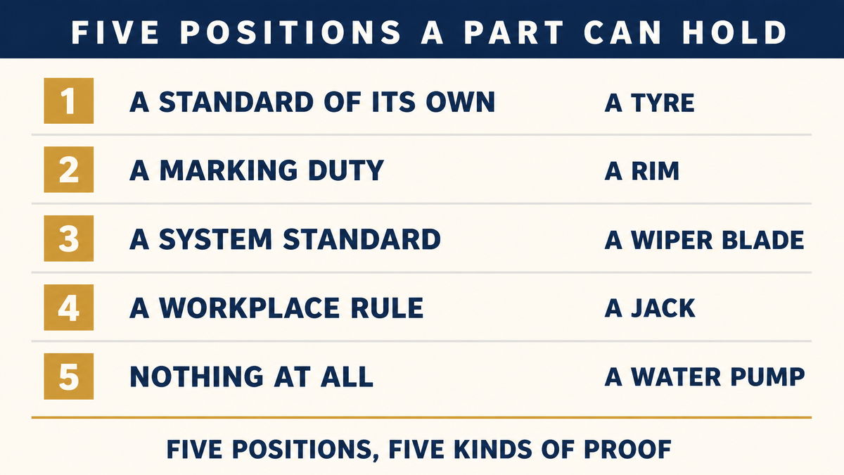 An infographic showing five positions a car part can occupy, a standard of its own, a marking duty inside a vehicle standard, a system standard, a workplace rule and nothing at all, with an example part against each