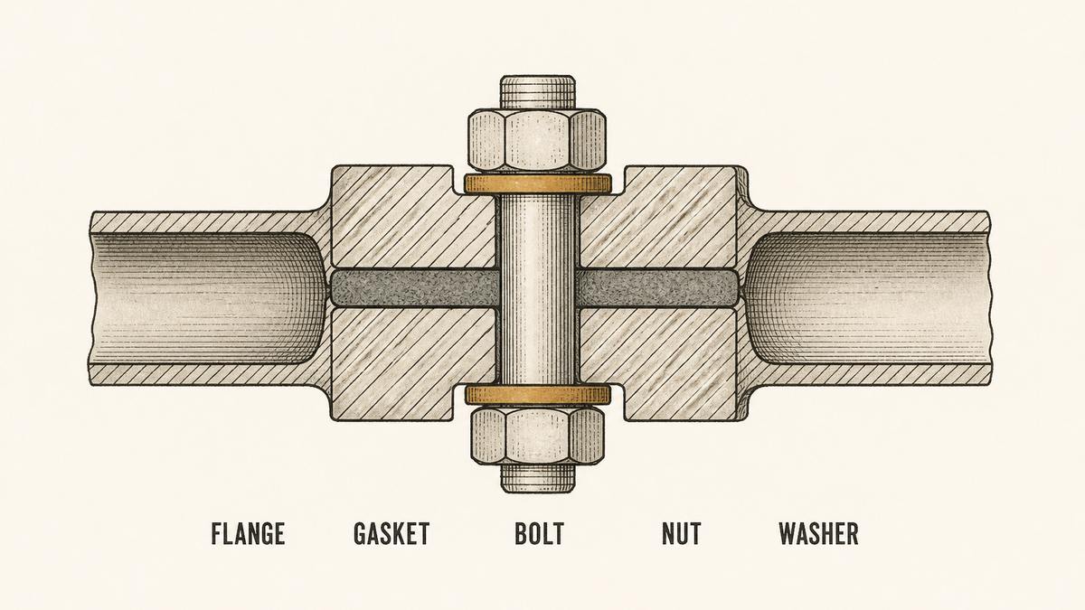 A bolted flanged joint drawn in cross-section: two flanges facing each other with a flat gasket compressed between them, one bolt passing through both bolt holes with a nut and a washer on each side
