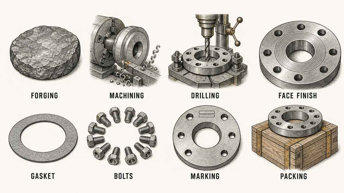 Flange cost lines drawn as two rows of labelled objects: a rough forged steel disc blank, a flange being turned on a lathe, a flange held in a drill with holes being bored around its rim, a close-up of a machined face with concentric grooves, a flat grey gasket ring, a ring of steel bolts with nuts, a flange face stamped with blank ruled bars representing markings, and a flange resting on a wooden crate