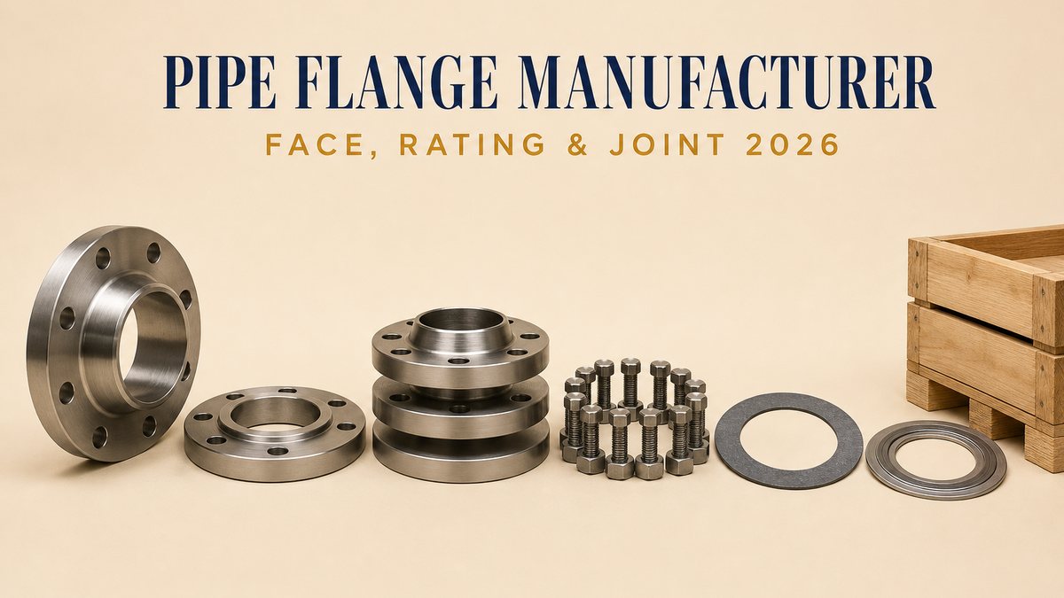 Pipe flange cover: a heavy steel weld-neck flange standing on edge, a flange lying flat showing its raised face ring, a stack of three flanges including one with a raised face, one flat-faced and one blind with no bore, a ring of steel bolts with nuts, a flat grey gasket ring, a spiral-wound gasket and a wooden crate corner on a pale beige studio surface