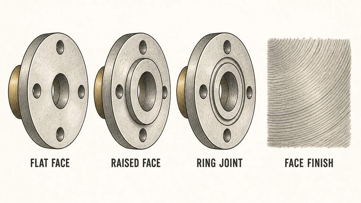 Three flange faces drawn end-on and slightly angled so the geometry is visible, plus a magnified detail of a machined surface: a completely flat face, a face with a raised circular ring standing proud of it, a face with a grooved ring joint cut into it, and a close view of fine concentric machining grooves