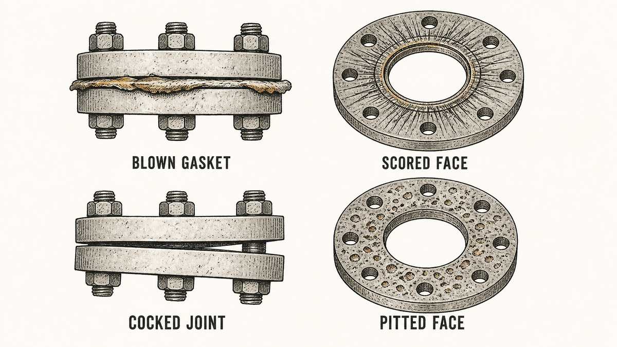 Four failed flanged joints drawn as technical illustrations: a bolted joint where the gasket has been squeezed out and protrudes from between the two flange faces, a flange face covered in deep radial scratches across the sealing ring, two flanges bolted together but sitting visibly out of parallel with a wedge-shaped gap open on one side, and a flange face pitted all over with corrosion craters