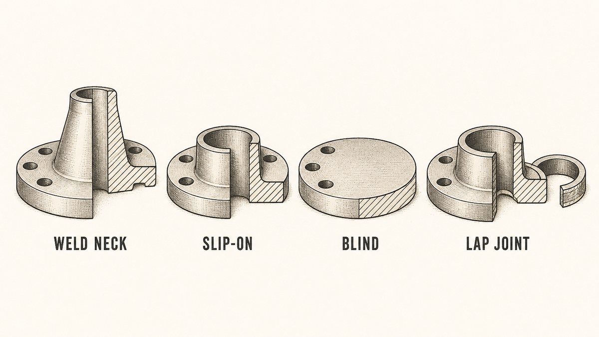 Four pipe flanges drawn side by side in cut-away section: one whose neck is a tapered cone for butt welding to a pipe, one with a plain flat hub that slides over the pipe end, one with no bore at all, and one whose hub has a rounded lip with a separate loose backing ring behind it