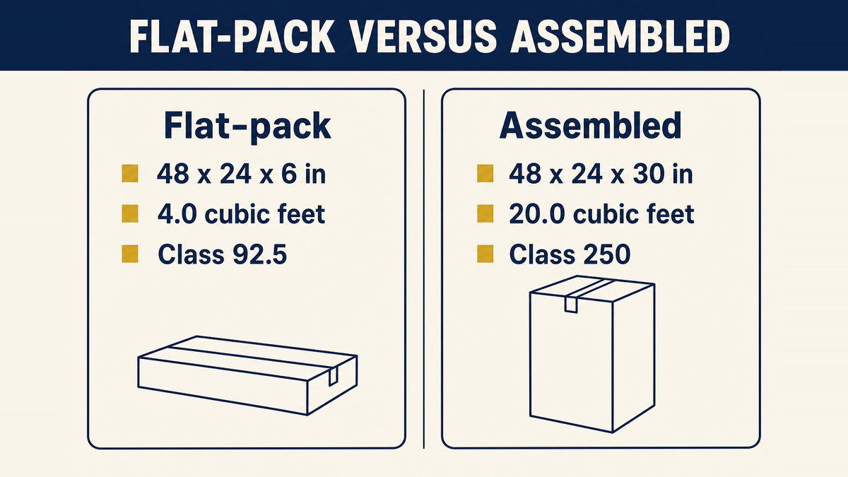 The same side table measured flat-pack at four cubic feet and assembled at twenty cubic feet, mapping to class 92.5 and class 250